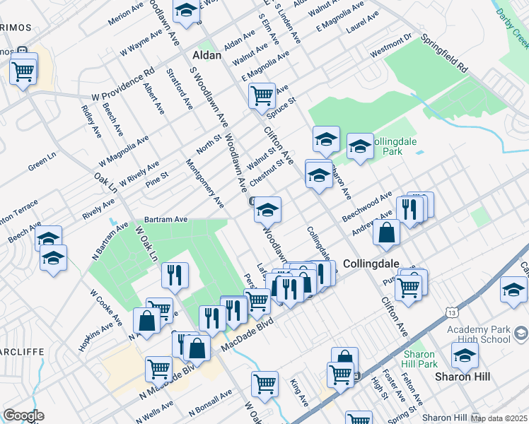 map of restaurants, bars, coffee shops, grocery stores, and more near 939 Pitman Avenue in Collingdale