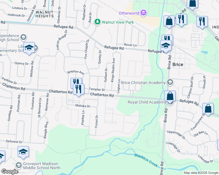 map of restaurants, bars, coffee shops, grocery stores, and more near 5803 Templar Street in Columbus