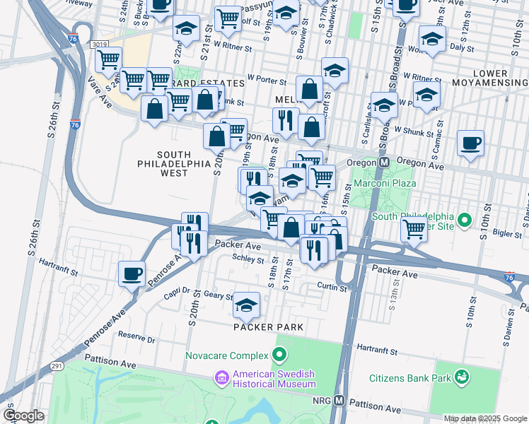 map of restaurants, bars, coffee shops, grocery stores, and more near 1832 West Moyamensing Avenue in Philadelphia