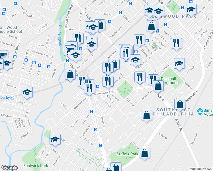 map of restaurants, bars, coffee shops, grocery stores, and more near in Philadelphia