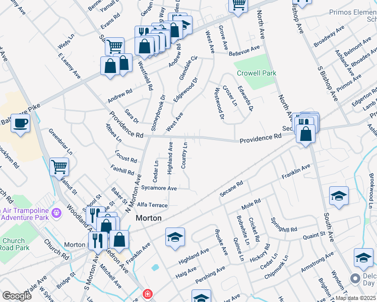 map of restaurants, bars, coffee shops, grocery stores, and more near 207 Country Circle in Morton