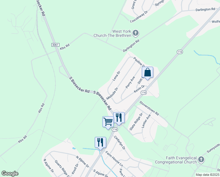 map of restaurants, bars, coffee shops, grocery stores, and more near 202 Lena Drive in York
