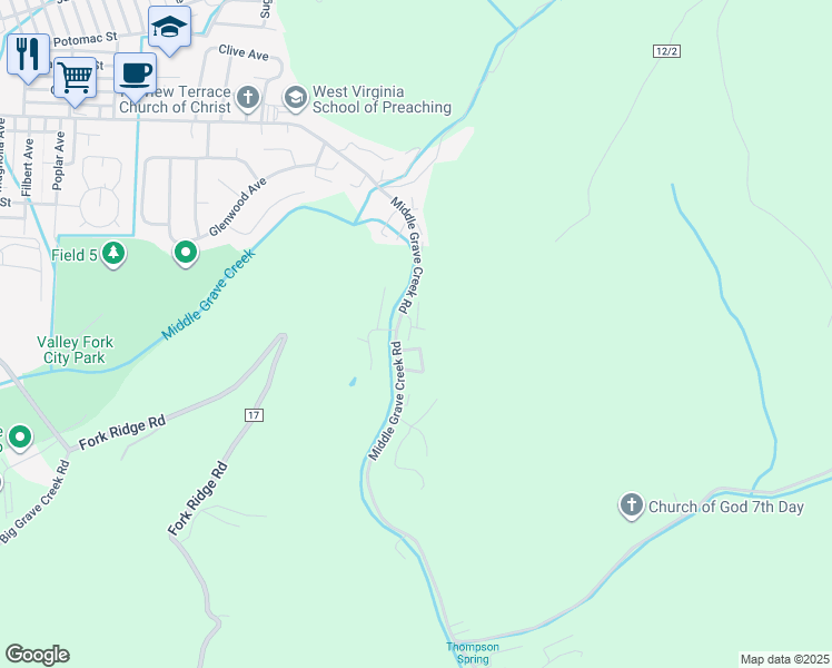 map of restaurants, bars, coffee shops, grocery stores, and more near 6046 Riffle Drive in Moundsville