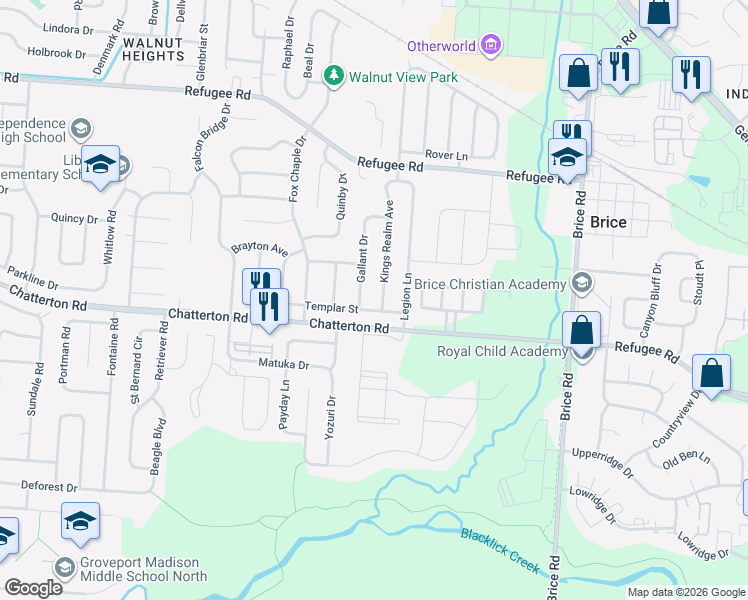 map of restaurants, bars, coffee shops, grocery stores, and more near 5803 Templar Street in Columbus