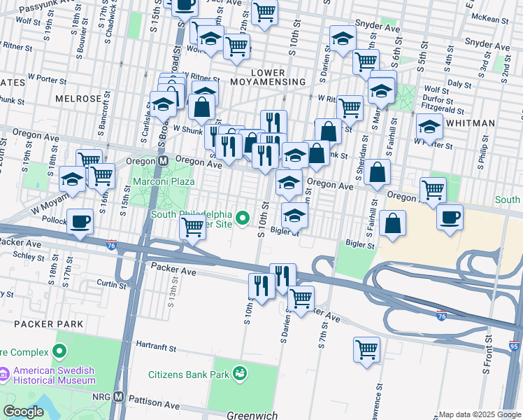 map of restaurants, bars, coffee shops, grocery stores, and more near 2814 South 10th Street in Philadelphia