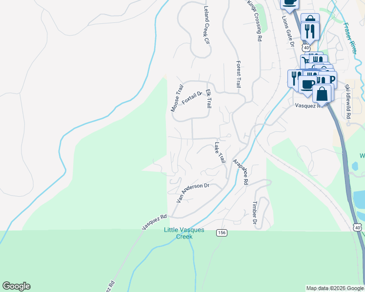 map of restaurants, bars, coffee shops, grocery stores, and more near 121 Elk Trail in Winter Park
