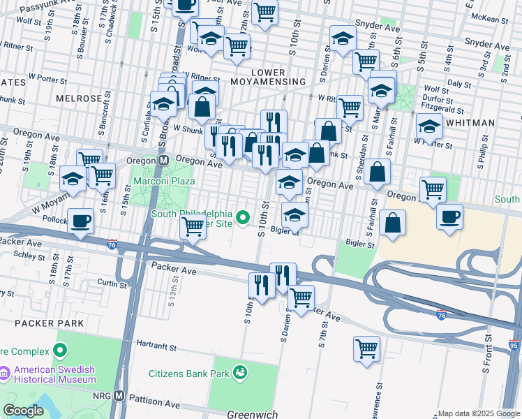 map of restaurants, bars, coffee shops, grocery stores, and more near 2814 South 10th Street in Philadelphia