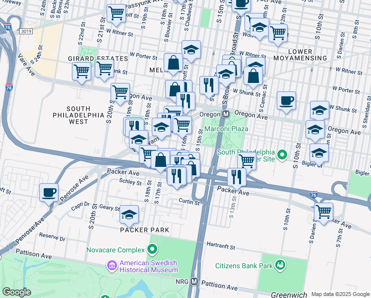 map of restaurants, bars, coffee shops, grocery stores, and more near 2915 South 16th Street in Philadelphia