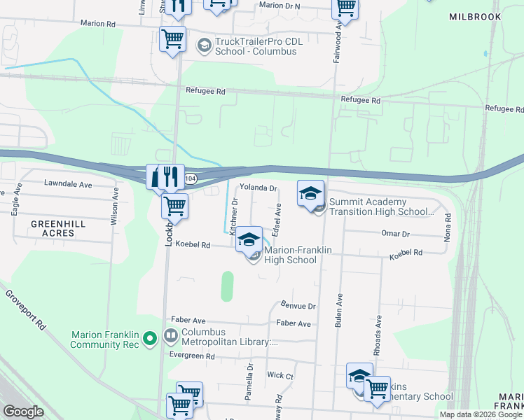 map of restaurants, bars, coffee shops, grocery stores, and more near 1302 Coe Drive in Columbus