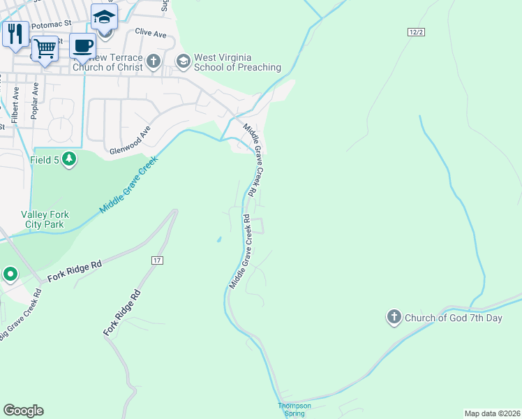 map of restaurants, bars, coffee shops, grocery stores, and more near 6046 Riffle Drive in Moundsville