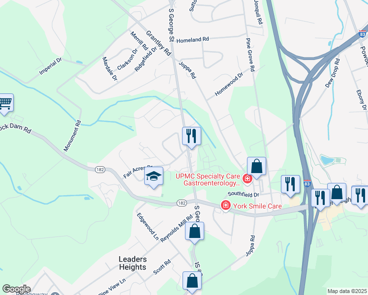 map of restaurants, bars, coffee shops, grocery stores, and more near 2590 Wildon Drive in York
