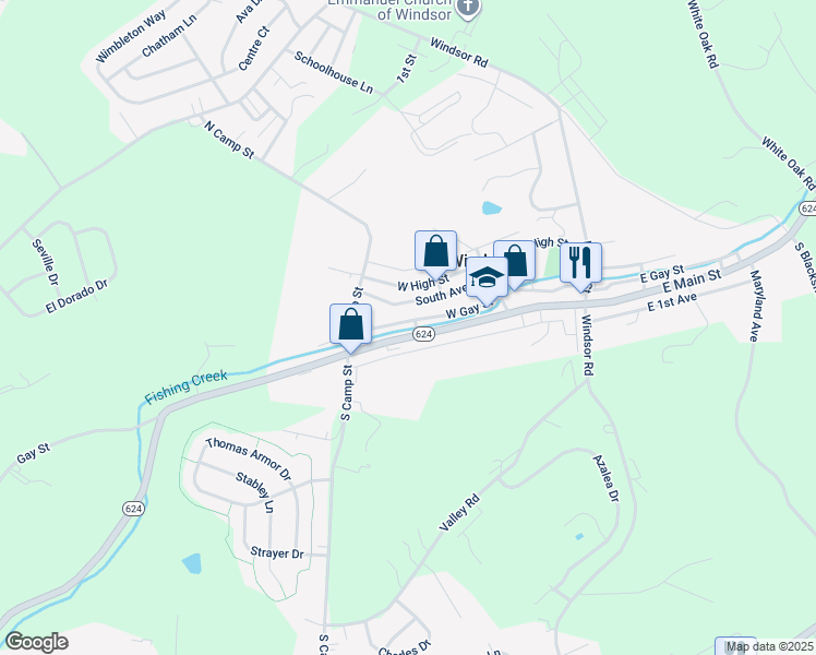 map of restaurants, bars, coffee shops, grocery stores, and more near 130 West Main Street in Windsor