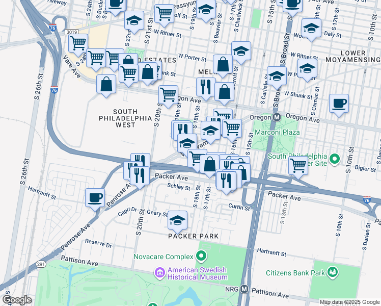 map of restaurants, bars, coffee shops, grocery stores, and more near 1832 West Moyamensing Avenue in Philadelphia
