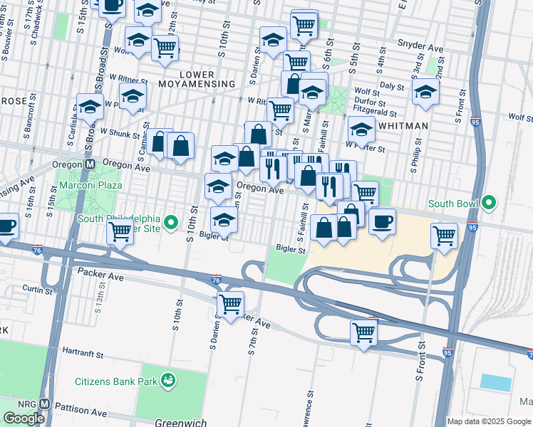 map of restaurants, bars, coffee shops, grocery stores, and more near 2745 South Beulah Street in Philadelphia
