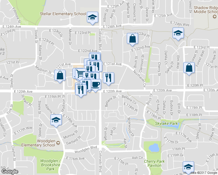 map of restaurants, bars, coffee shops, grocery stores, and more near 4003 East 120th Avenue in Thornton