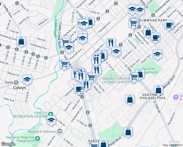 map of restaurants, bars, coffee shops, grocery stores, and more near 7307 West Passyunk Avenue in Philadelphia