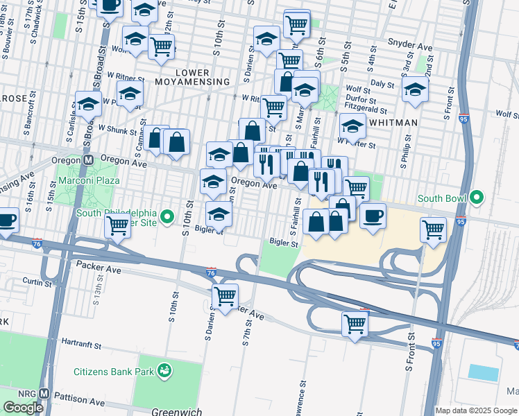 map of restaurants, bars, coffee shops, grocery stores, and more near 2745 South Beulah Street in Philadelphia