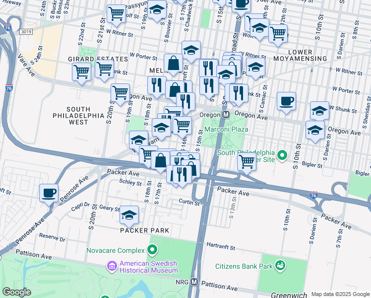 map of restaurants, bars, coffee shops, grocery stores, and more near 2913 South 16th Street in Philadelphia