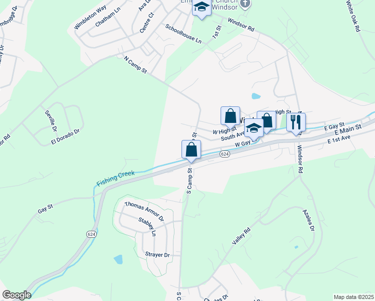 map of restaurants, bars, coffee shops, grocery stores, and more near 8 North Camp Street in Windsor