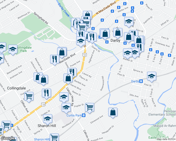 map of restaurants, bars, coffee shops, grocery stores, and more near 123 Greenwood Road in Sharon Hill