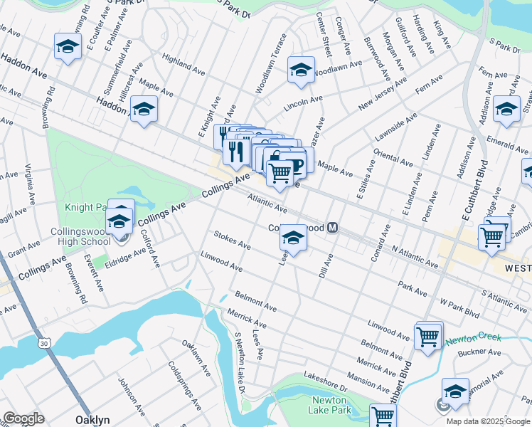map of restaurants, bars, coffee shops, grocery stores, and more near 648 Atlantic Avenue in Collingswood