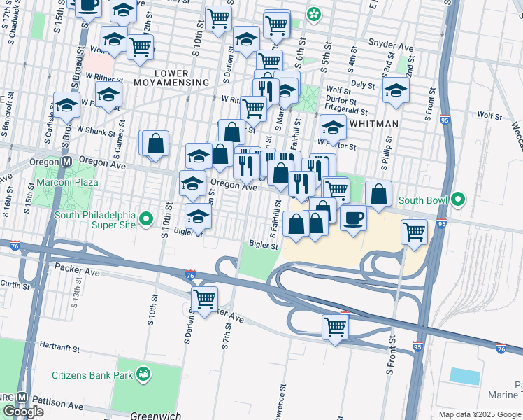 map of restaurants, bars, coffee shops, grocery stores, and more near 2737 South Sheridan Street in Philadelphia