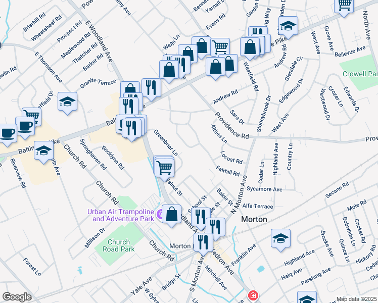 map of restaurants, bars, coffee shops, grocery stores, and more near 220 Hawthorne Road in Morton