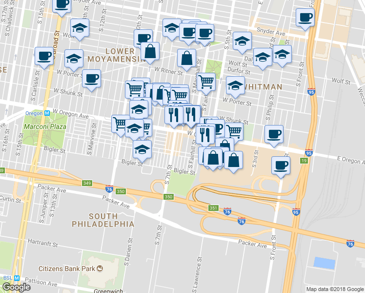 map of restaurants, bars, coffee shops, grocery stores, and more near 2737 South Sheridan Street in Philadelphia