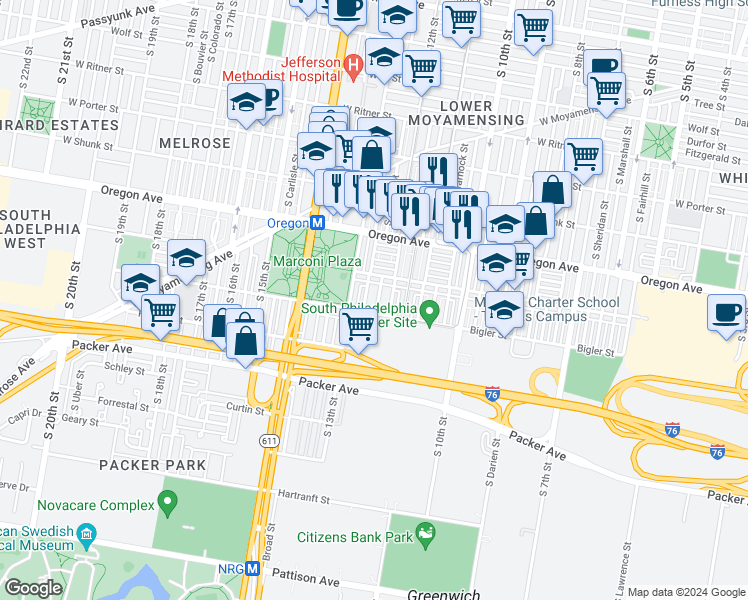 map of restaurants, bars, coffee shops, grocery stores, and more near 2832 South Camac Street in Philadelphia