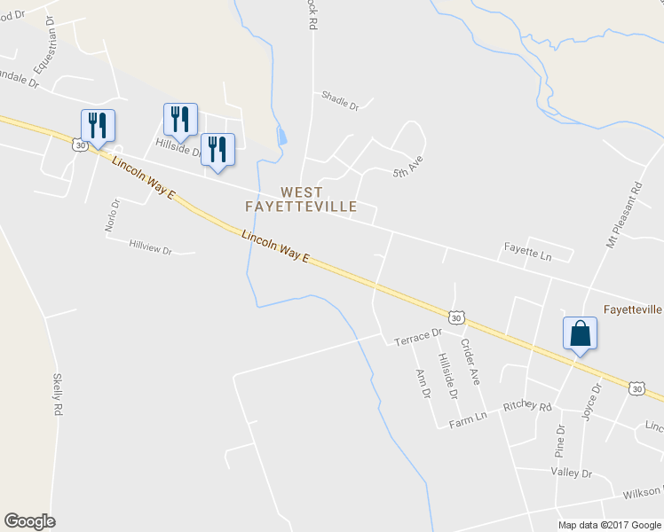 map of restaurants, bars, coffee shops, grocery stores, and more near 3015 Lincoln Way East in Fayetteville