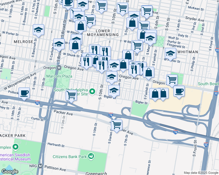 map of restaurants, bars, coffee shops, grocery stores, and more near 2816 South 9th Street in Philadelphia