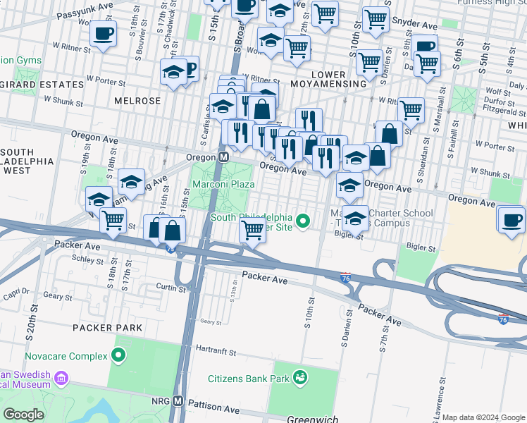 map of restaurants, bars, coffee shops, grocery stores, and more near 2832 South Camac Street in Philadelphia