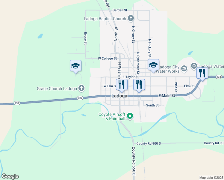 map of restaurants, bars, coffee shops, grocery stores, and more near 124 West Elm Street in Ladoga