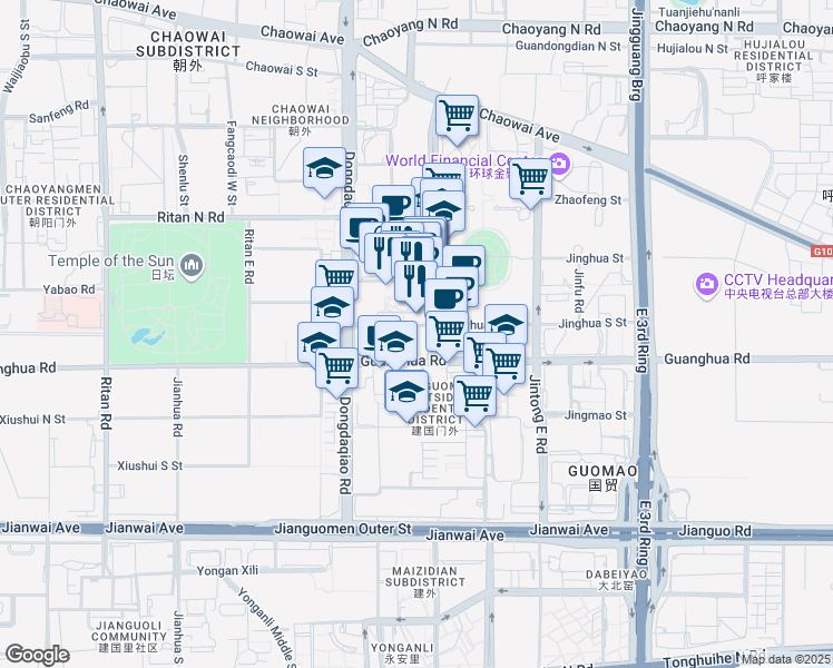 map of restaurants, bars, coffee shops, grocery stores, and more near Chaoyang North Road in Beijing