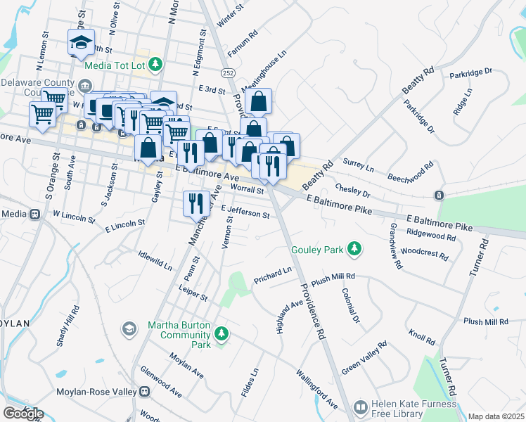 map of restaurants, bars, coffee shops, grocery stores, and more near 501 East Jefferson Street in Media