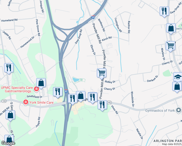 map of restaurants, bars, coffee shops, grocery stores, and more near 1913 Ebony Drive in York