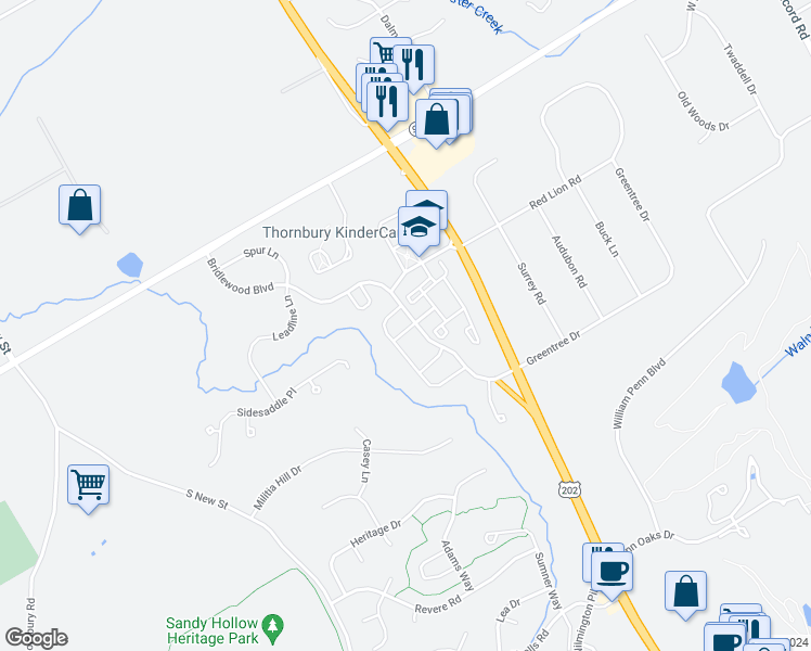 map of restaurants, bars, coffee shops, grocery stores, and more near 104 Jumper Lane in West Chester