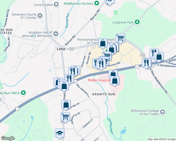 map of restaurants, bars, coffee shops, grocery stores, and more near 1145 West Baltimore Pike in Media
