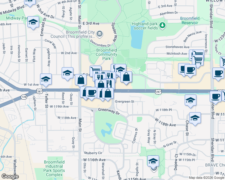 map of restaurants, bars, coffee shops, grocery stores, and more near W 120th Ave & Lamar St in Broomfield