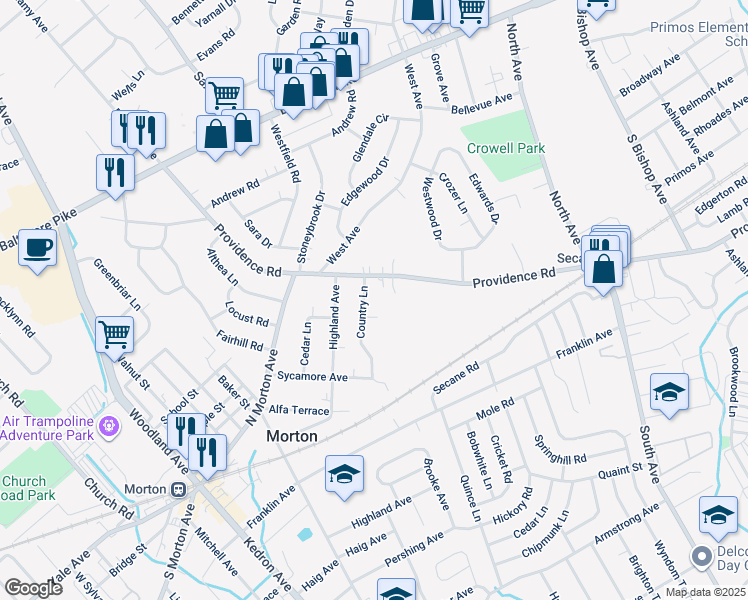 map of restaurants, bars, coffee shops, grocery stores, and more near 1148 Providence Road in Springfield