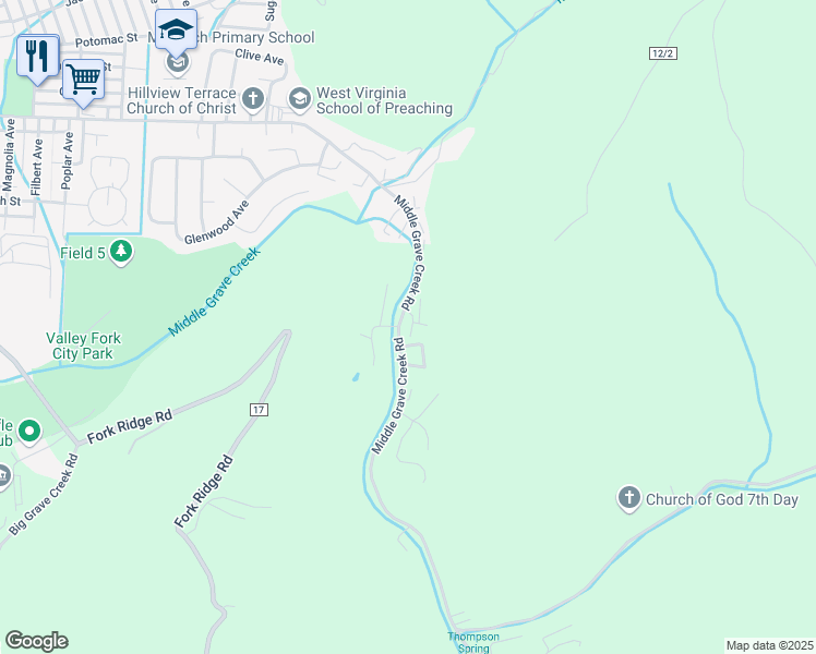 map of restaurants, bars, coffee shops, grocery stores, and more near Middle Grave Creek Road in Moundsville