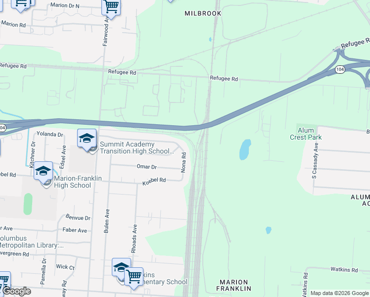 map of restaurants, bars, coffee shops, grocery stores, and more near 2548 Nona Road in Columbus