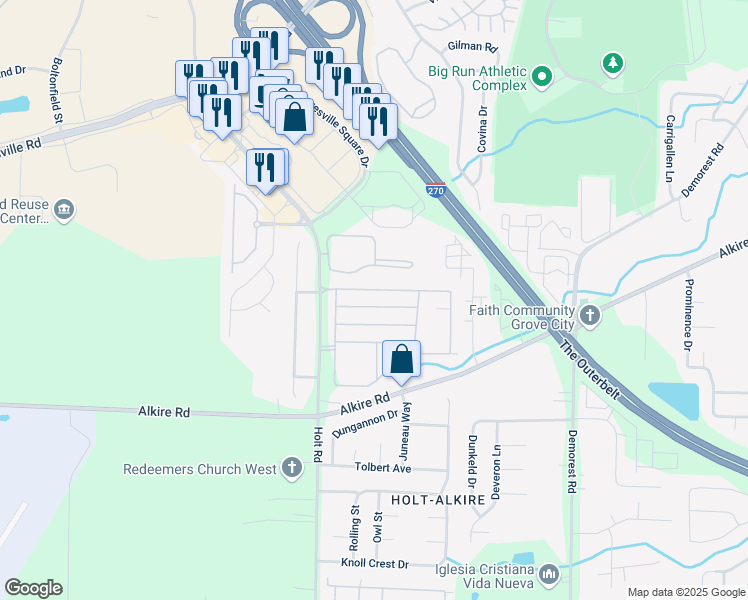 map of restaurants, bars, coffee shops, grocery stores, and more near 4672 Parrau Drive in Columbus