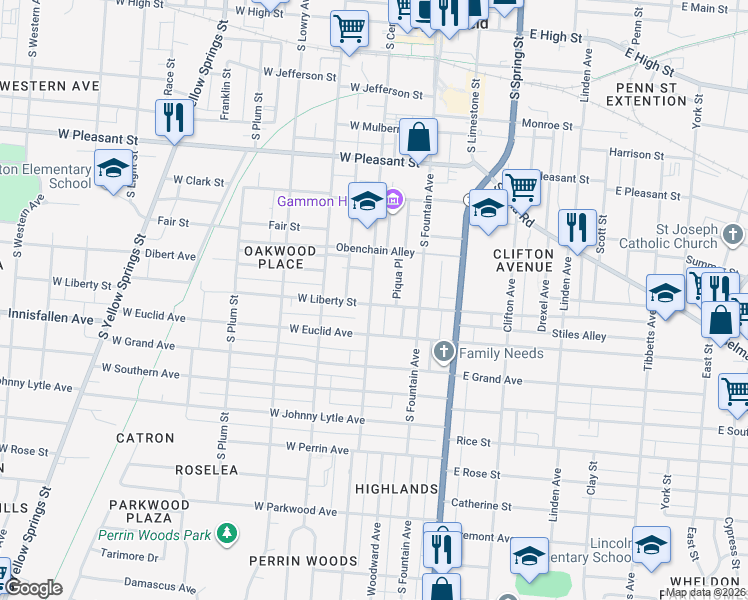 map of restaurants, bars, coffee shops, grocery stores, and more near 805 Piqua Place in Springfield