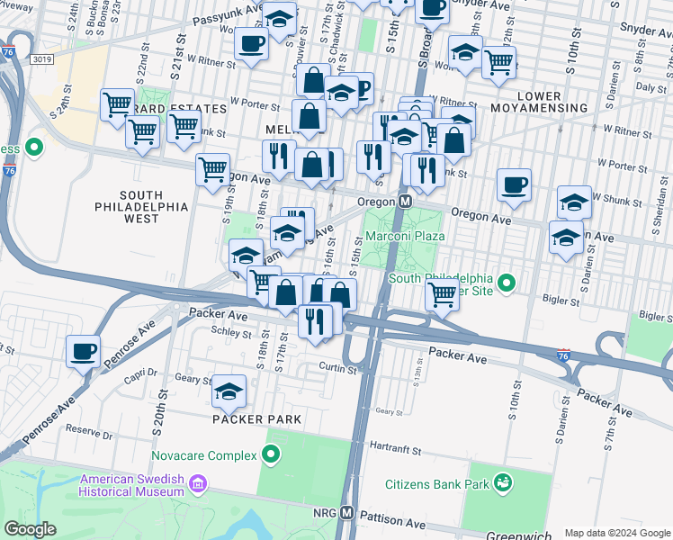 map of restaurants, bars, coffee shops, grocery stores, and more near 2908 South Sydenham Street in Philadelphia