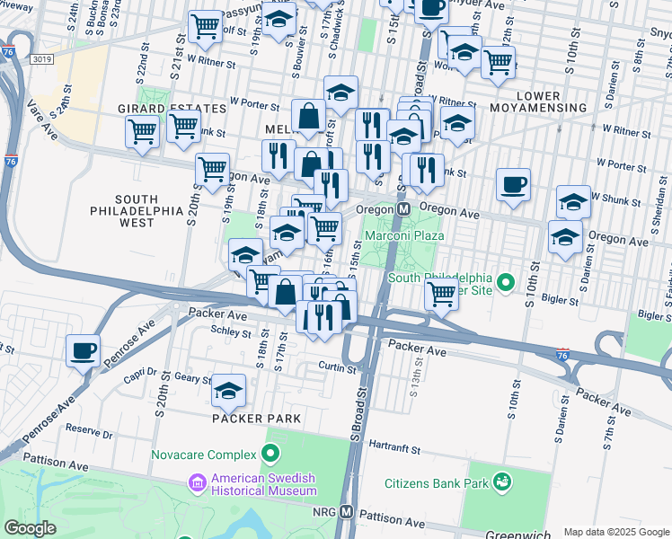 map of restaurants, bars, coffee shops, grocery stores, and more near 2908 South Sydenham Street in Philadelphia
