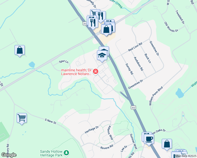 map of restaurants, bars, coffee shops, grocery stores, and more near 104 Jumper Lane in West Chester