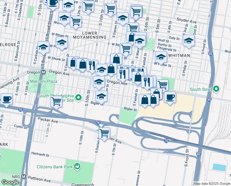 map of restaurants, bars, coffee shops, grocery stores, and more near 711 Johnston Street in Philadelphia