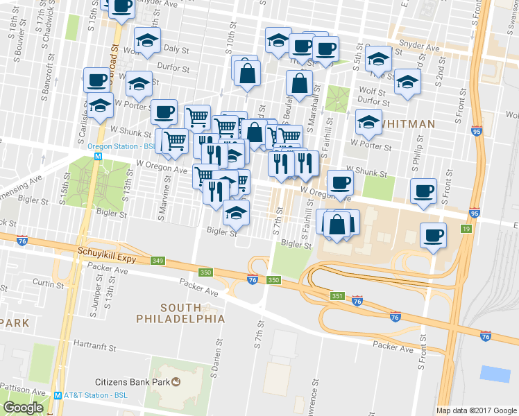 map of restaurants, bars, coffee shops, grocery stores, and more near 717 Johnston Street in Philadelphia