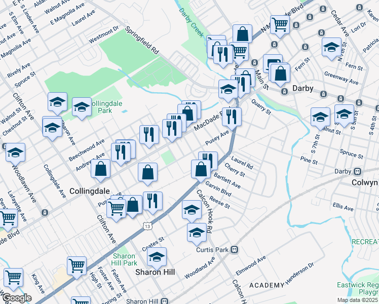 map of restaurants, bars, coffee shops, grocery stores, and more near 100 Rhodes Avenue in Collingdale